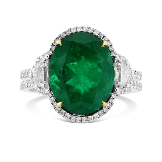 Muzo Smaragd- und Cadillac-Diamant-Dreistein-Halo-Ring