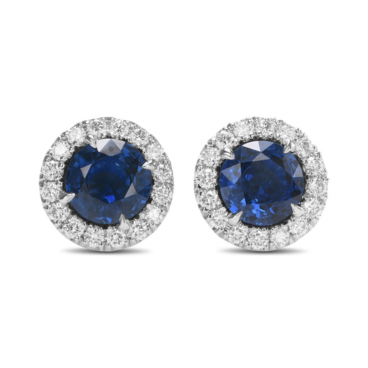 Runde Ohrringe mit blauem Saphir und Diamant-Halo