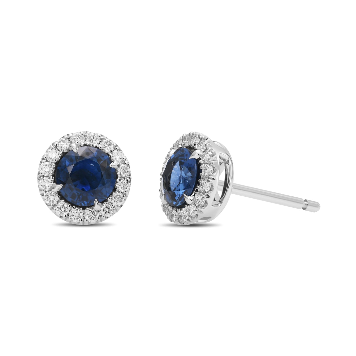 Runde Ohrringe mit blauem Saphir und Diamant-Halo