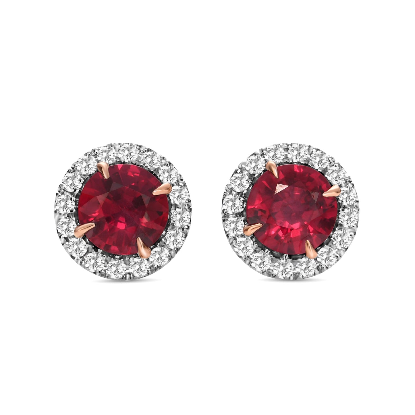 Runde rote Rubin- und Diamant-Halo-Ohrringe
