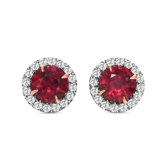 Runde rote Rubin- und Diamant-Halo-Ohrringe