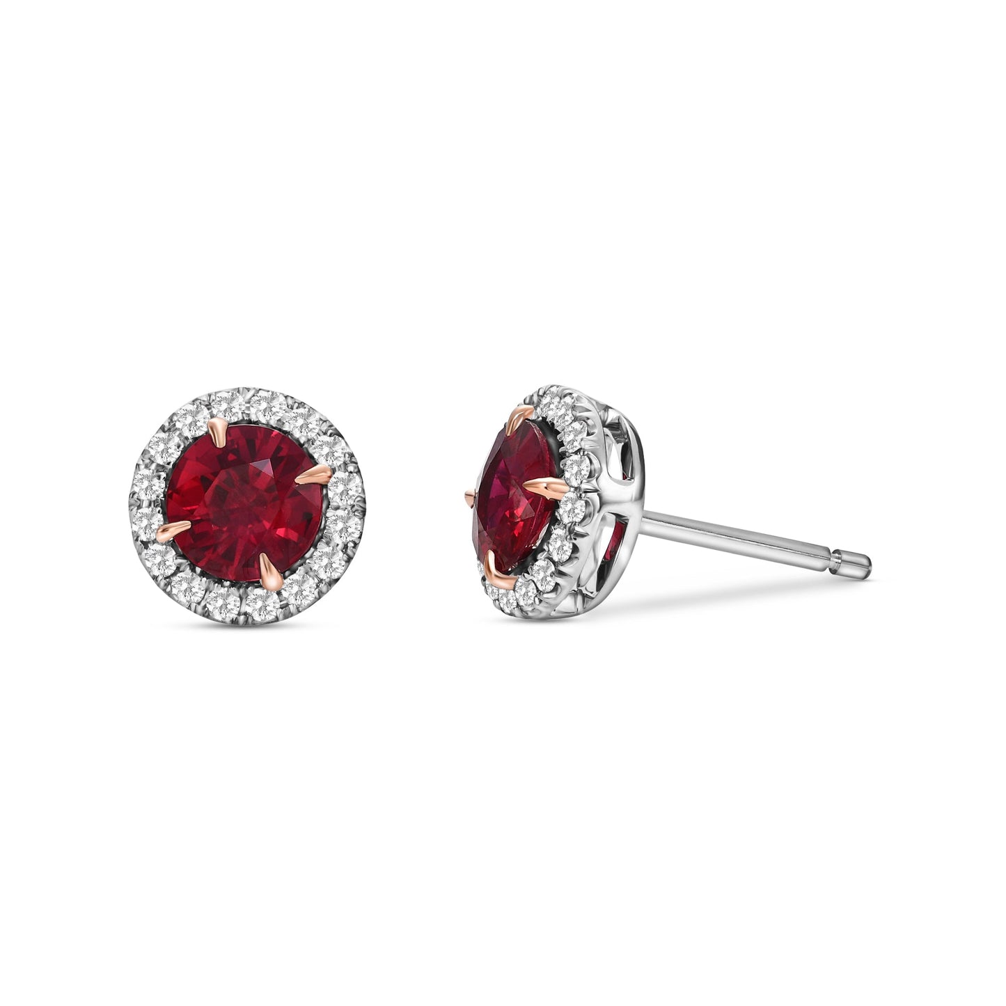 Runde rote Rubin- und Diamant-Halo-Ohrringe