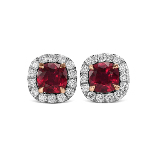 Kissenförmige Rubin- und Diamant-Halo-Ohrringe