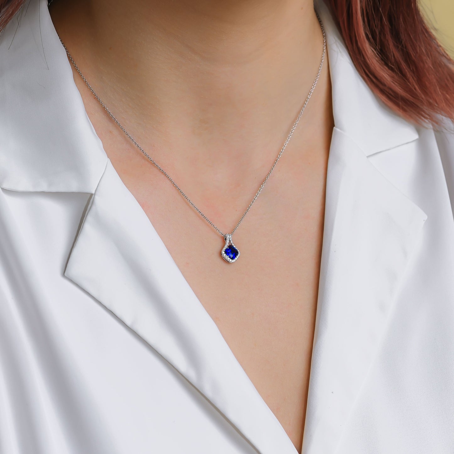 Blue Sapphire Cushion and Diamond Drop Pendant