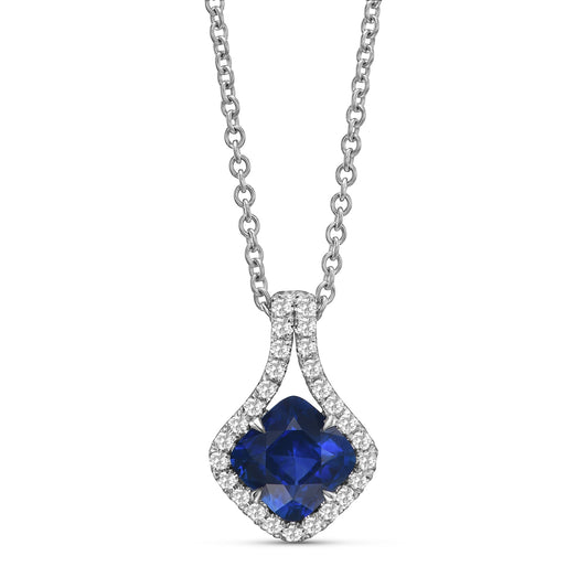 Anhänger aus blauem Saphir im Kissen- und Diamantstil