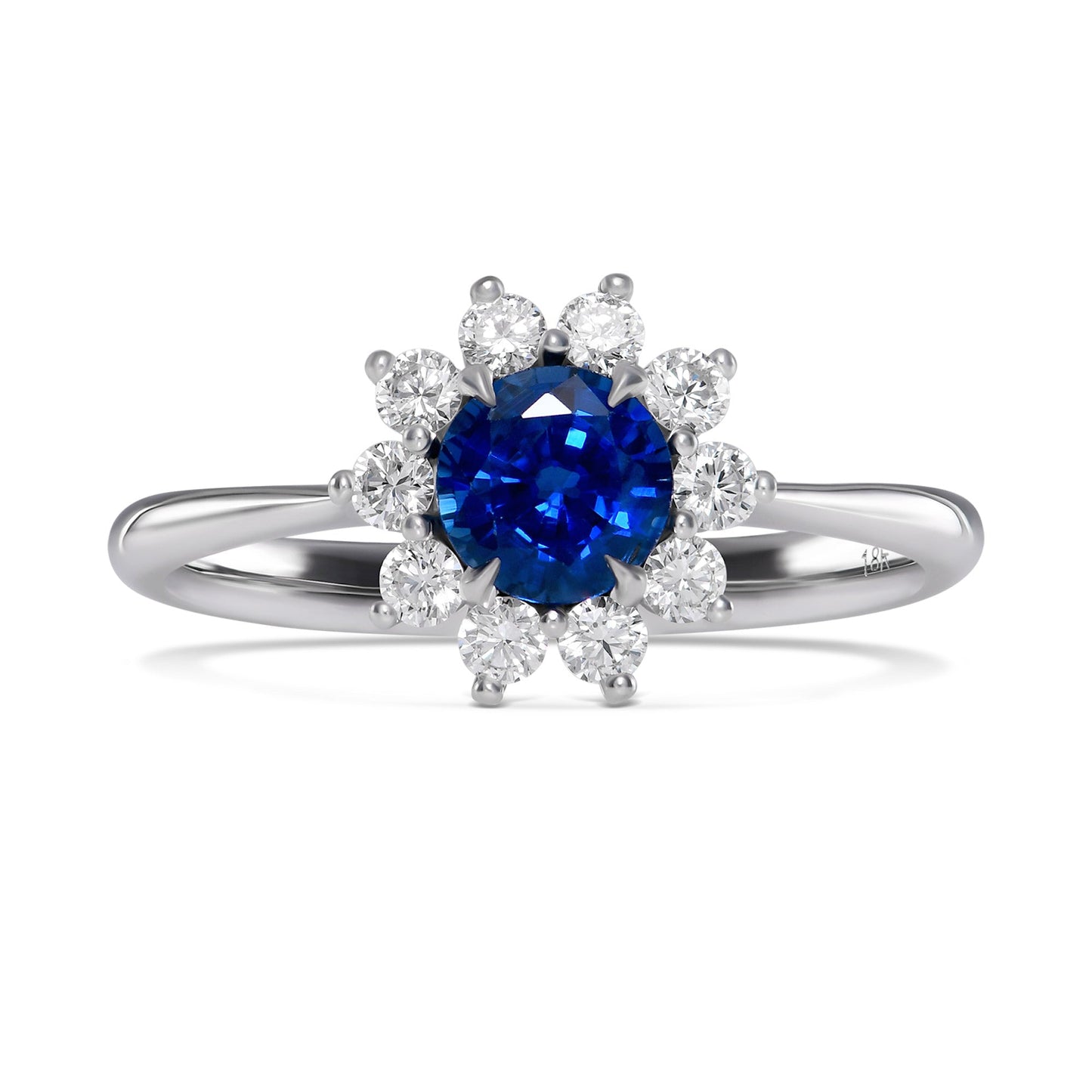 Runder blauer Saphir- und Diamant-Halo-Ring