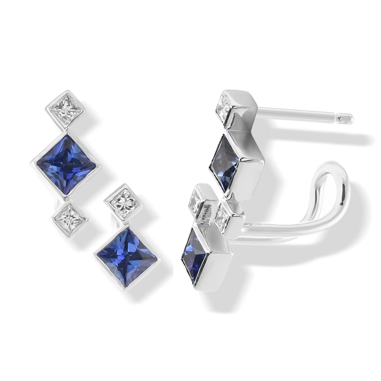 Prinzessinnen-Ohrringe mit blauem Saphir und Diamanten in Tropfenfassung