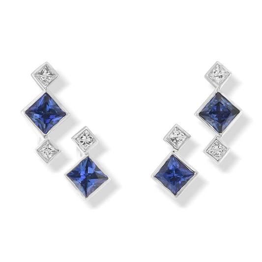 Prinzessinnen-Ohrringe mit blauem Saphir und Diamanten in Tropfenfassung