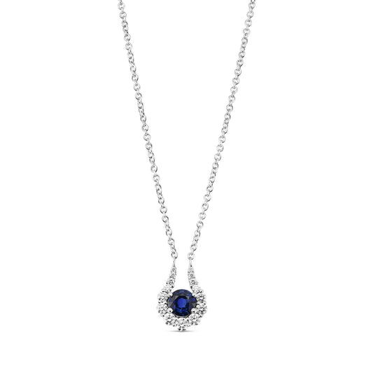 Runder Anhänger mit blauem Saphir und Diamant-Halo