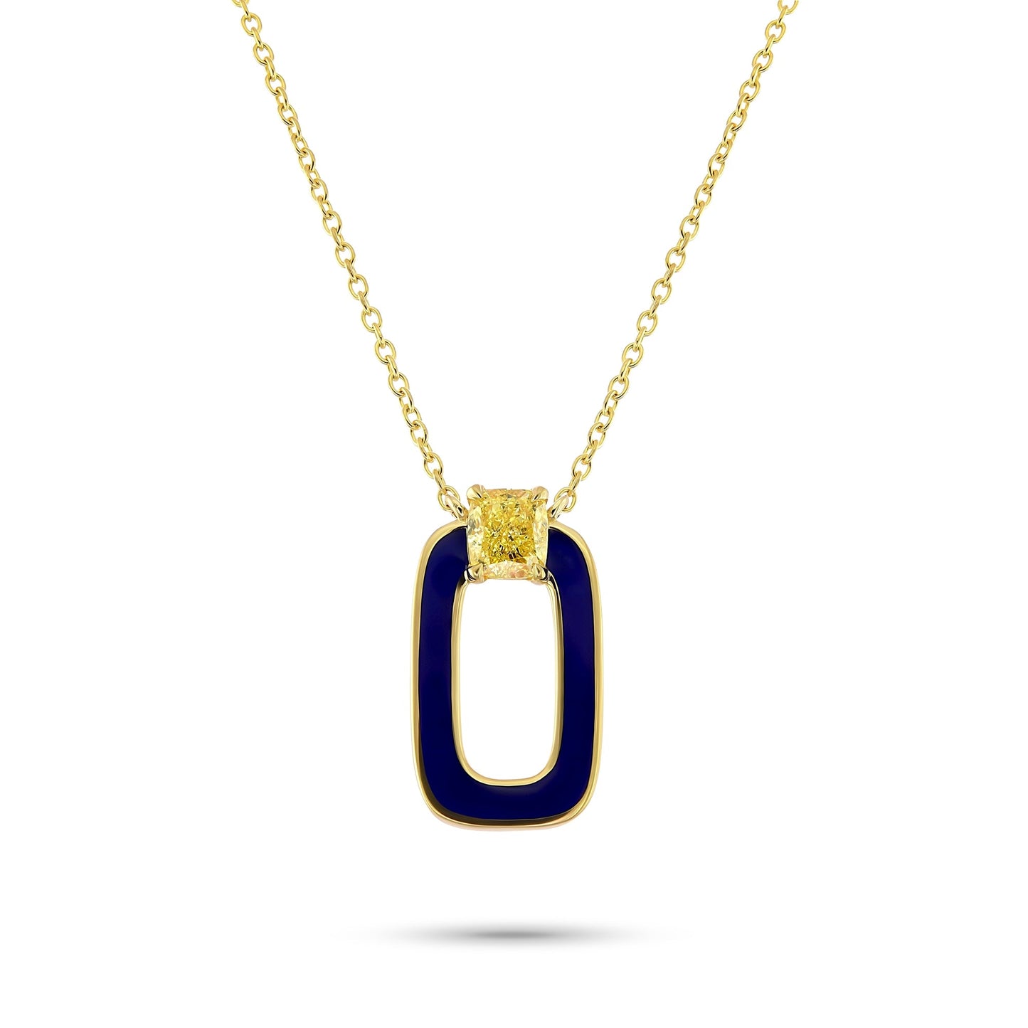 Anhänger aus gelbem Kissenschliff-Diamant und blauer Emaille