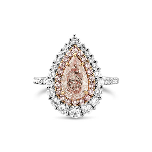 Ring mit hellrosa-braunem, birnenförmigem Diamanten und doppeltem Halo