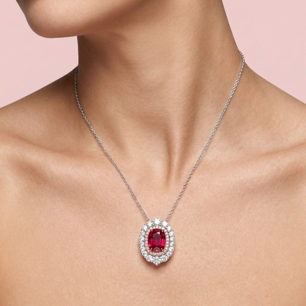 Ovaler Anhänger mit doppeltem Halo aus Taubenblutrubin und Diamanten