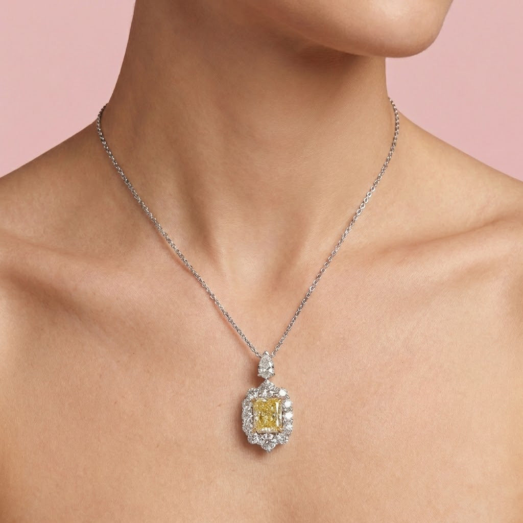 Fancy Yellow Radiant Halo Diamond Pendant