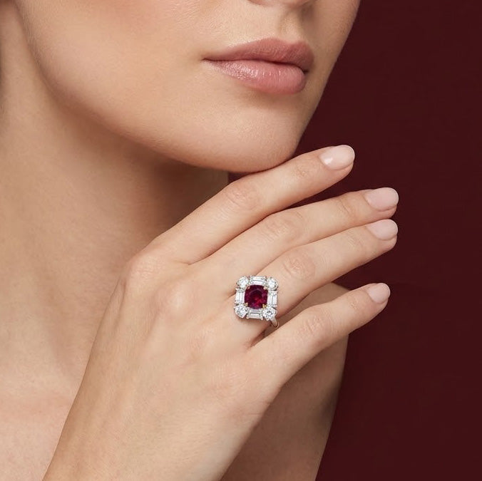 Kissenförmiger roter Rubin und Diamant-Halo-Ring