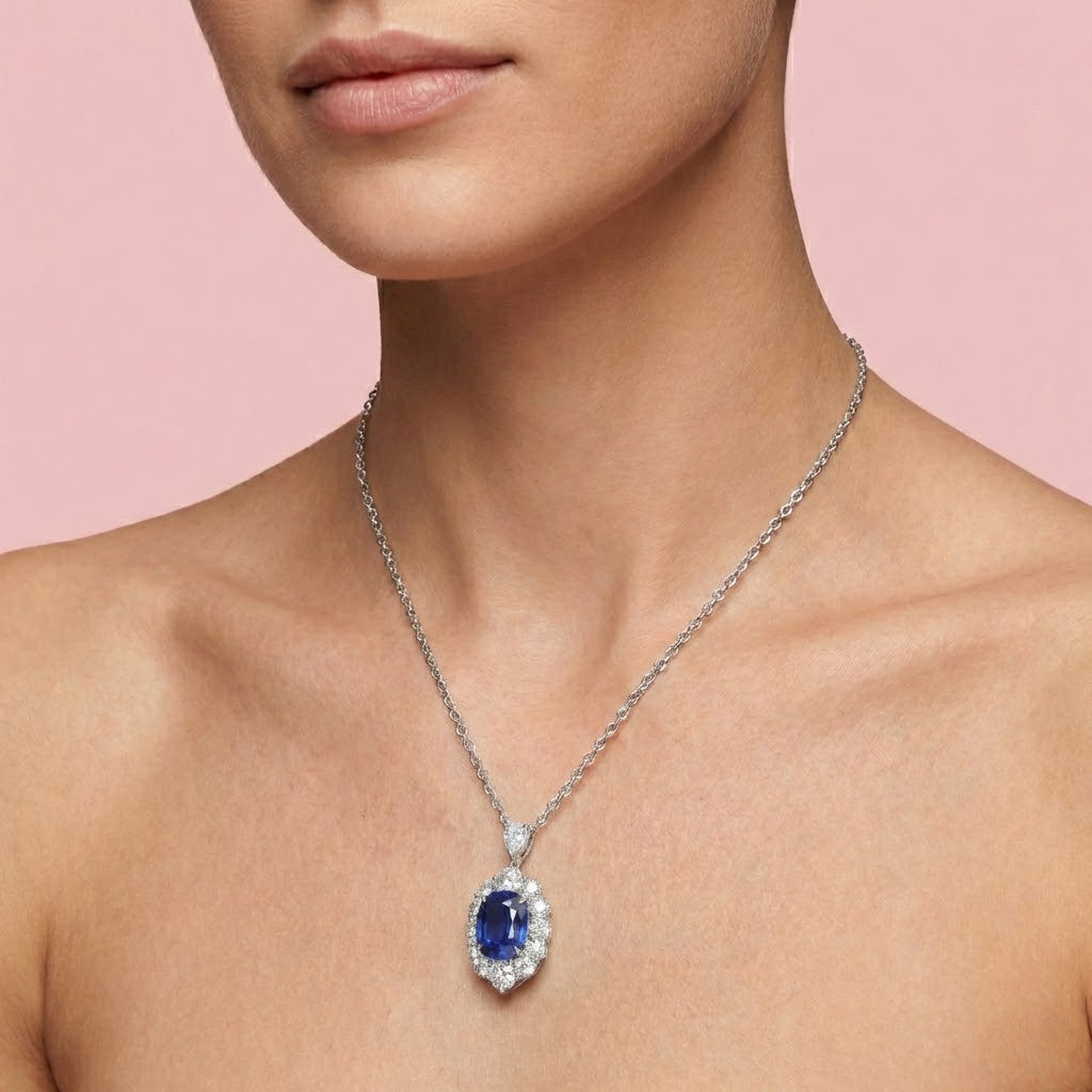 Anhänger mit königsblauem Saphir im Kissen-Design und Diamant-Halo